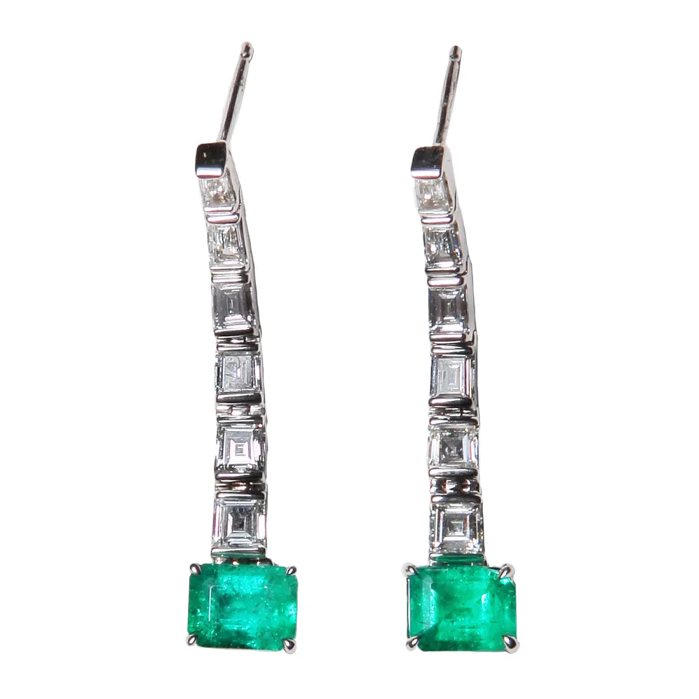 Step Cut Drop Emerald and Diamond Earrings