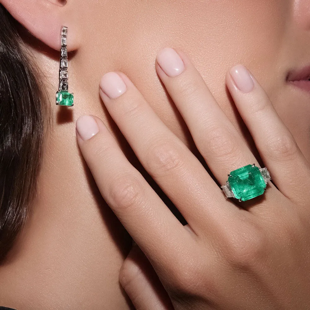 Step Cut Drop Emerald and Diamond Earrings