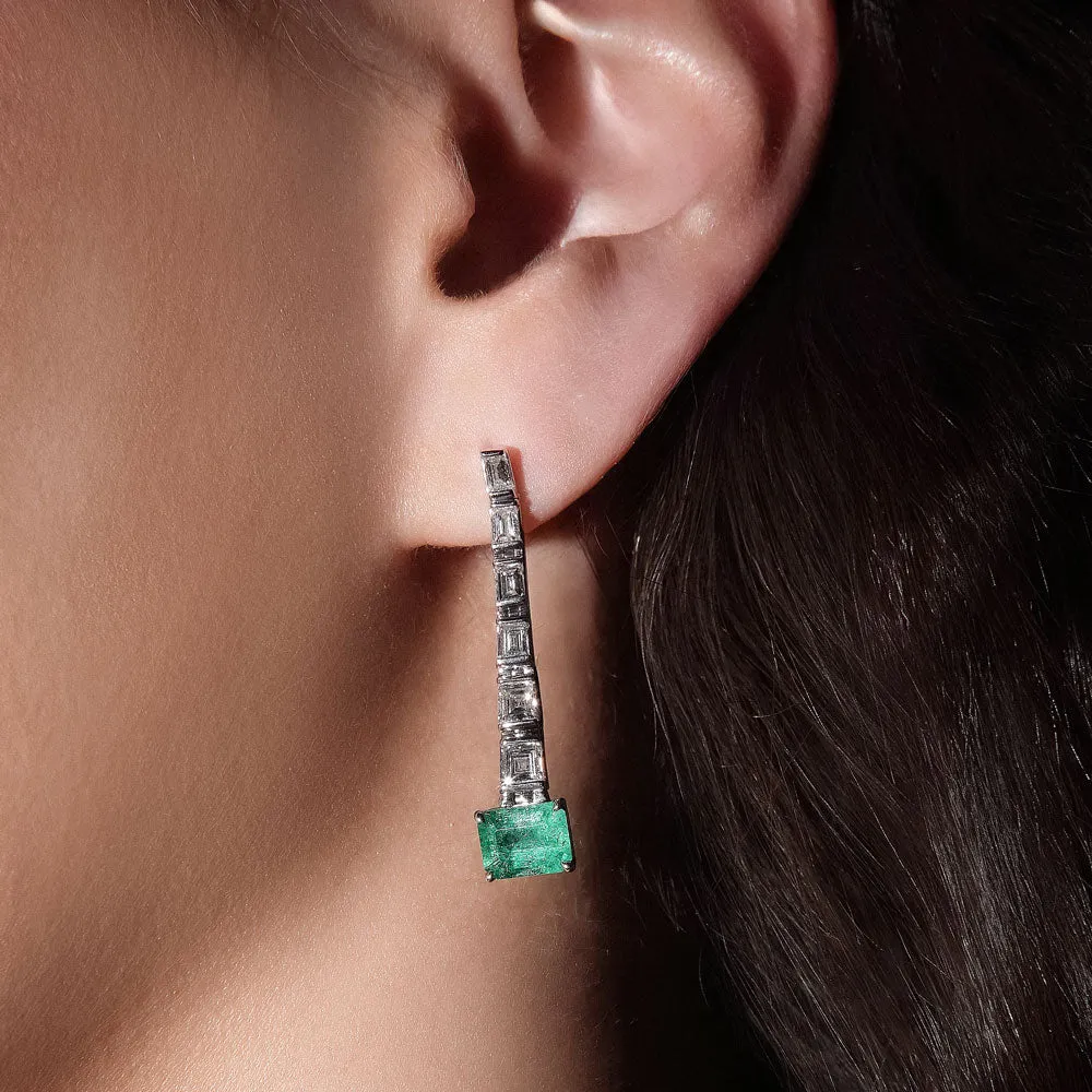 Step Cut Drop Emerald and Diamond Earrings