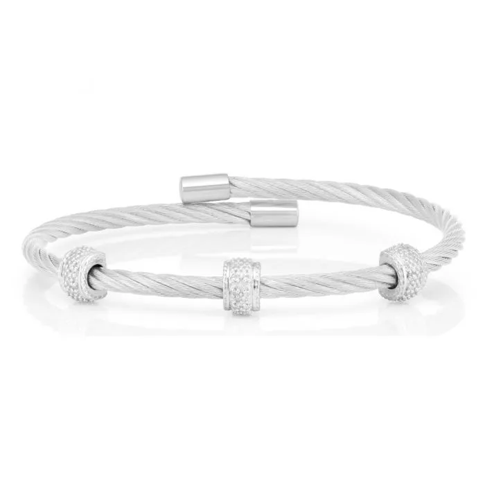 Sterling Silver 08 Points Diamond 3mm Cable Bangle