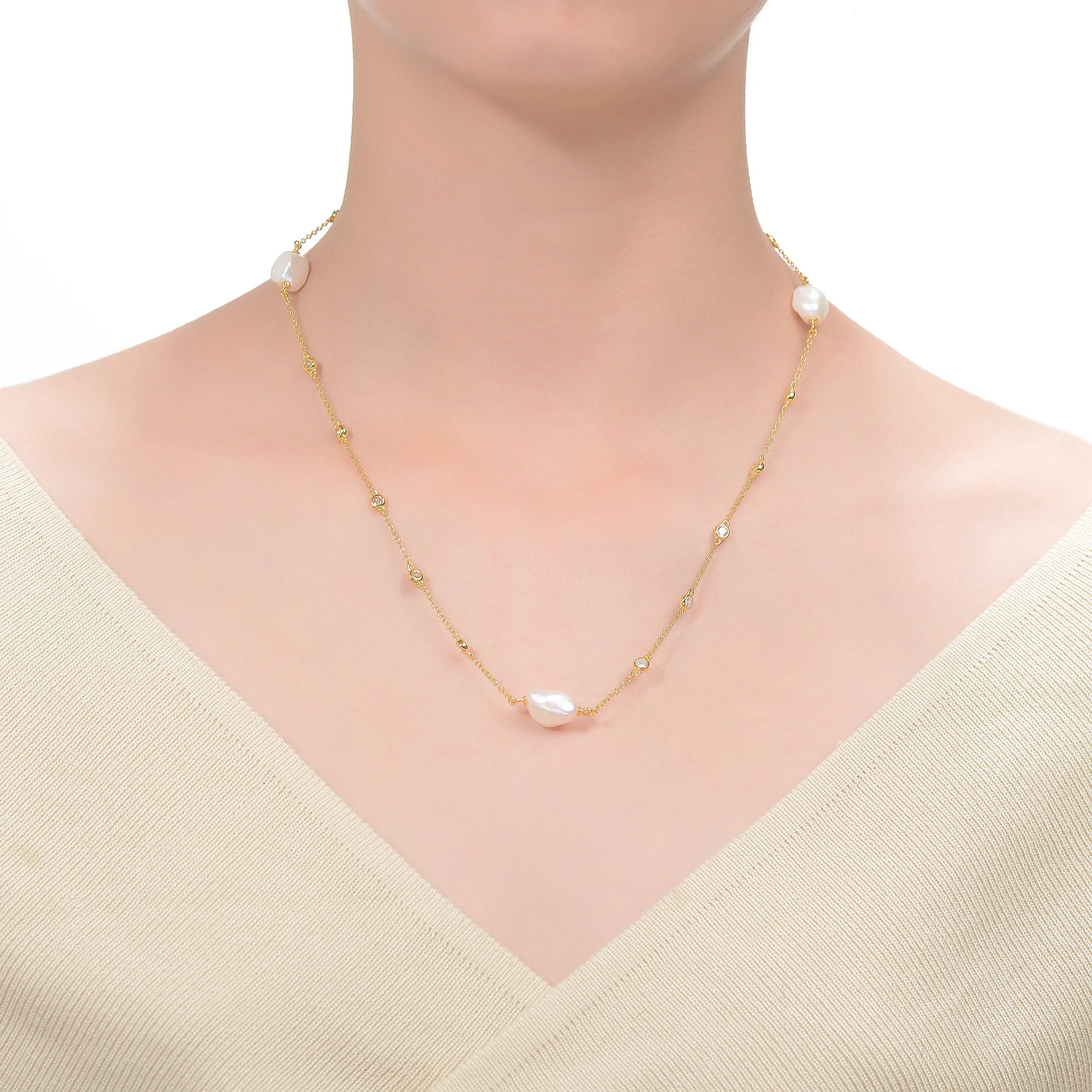 Sterling Silver 14k Yellow Gold Plated Baroque Pearl Bead Station Necklace, Adjustable Length