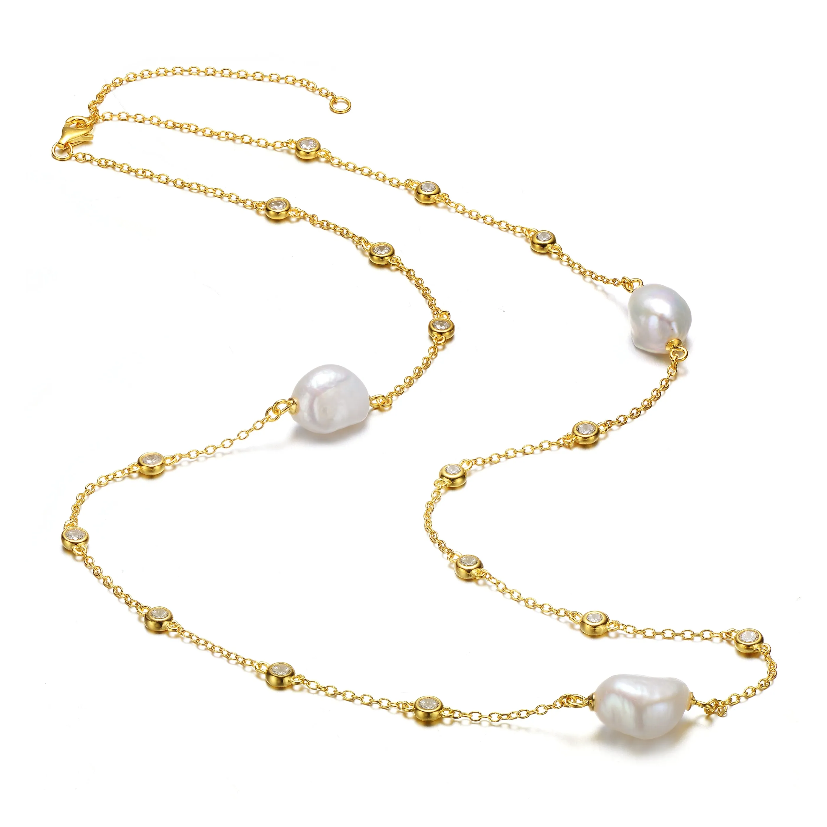 Sterling Silver 14k Yellow Gold Plated Baroque Pearl Bead Station Necklace, Adjustable Length