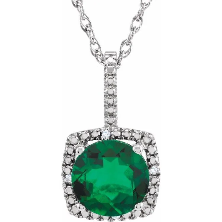 Sterling Silver 7 mm Lab-Grown Emerald & .015 CTW Natural Diamond 18" Necklace