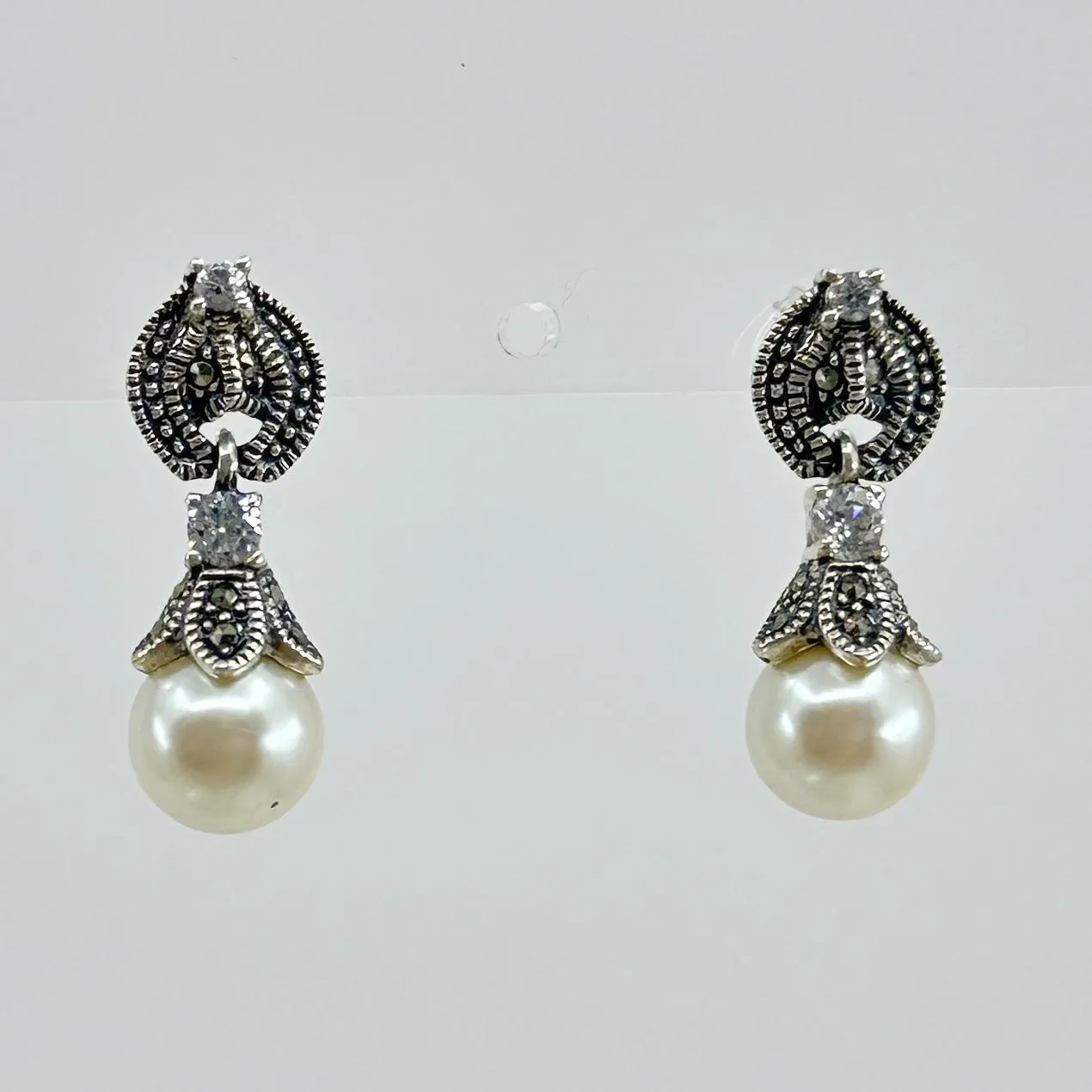 Sterling silver pearl & marcasite earrings