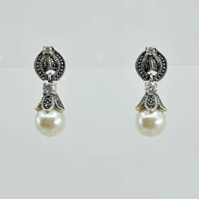 Sterling silver pearl & marcasite earrings