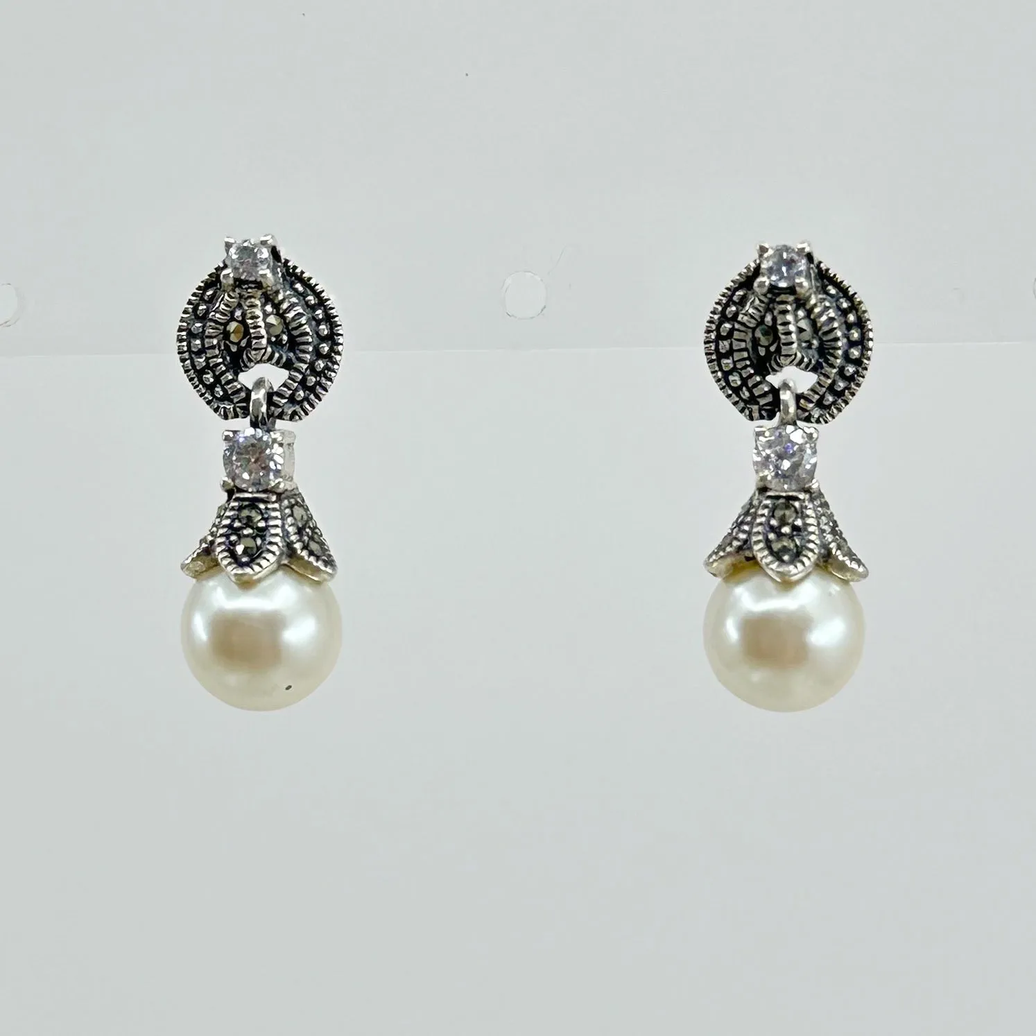 Sterling silver pearl & marcasite earrings