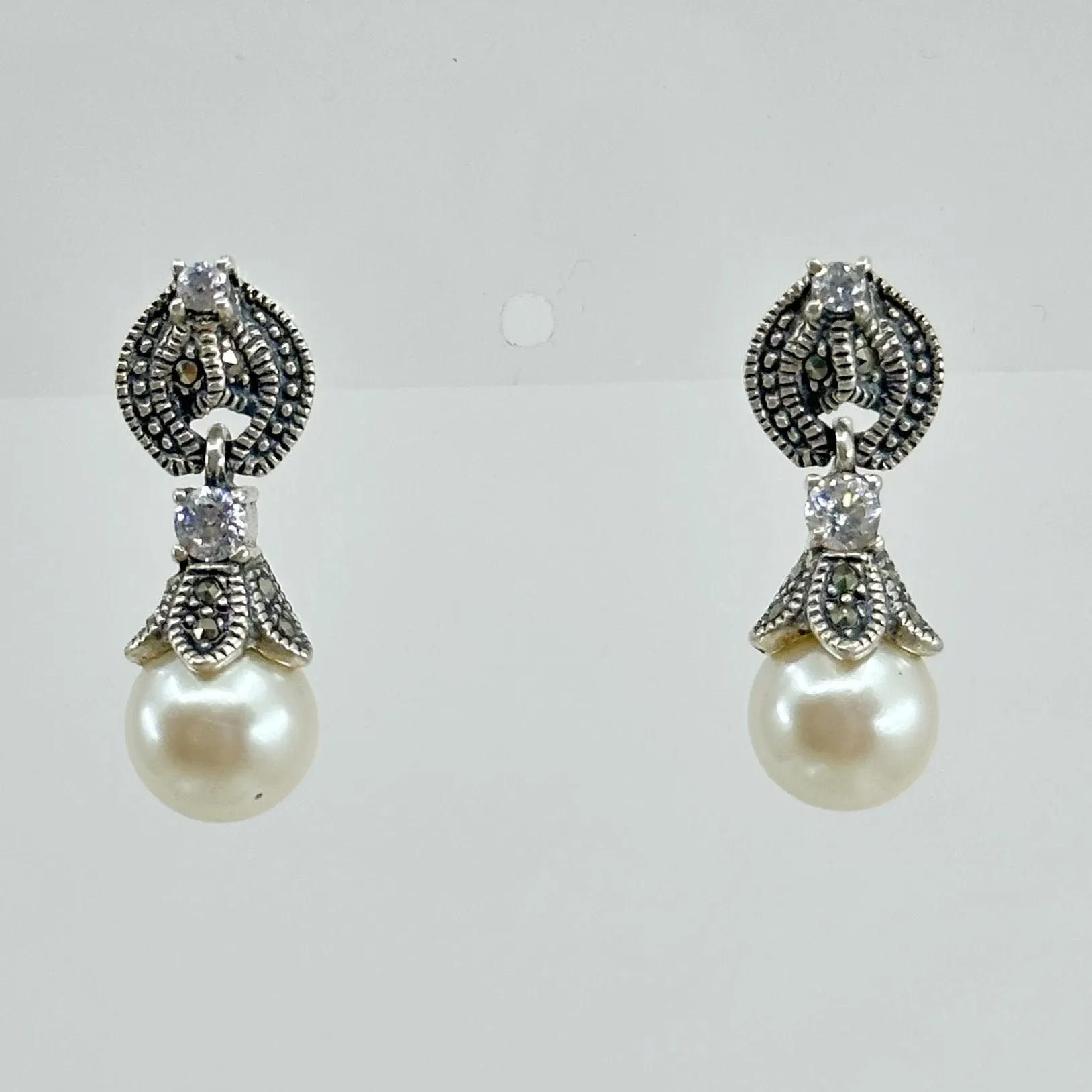 Sterling silver pearl & marcasite earrings