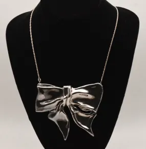 Stunning BIG! Vintage Sterling Silver Bow Pendant/Brooch on Sterling Silver Chain Necklace - 16.5"