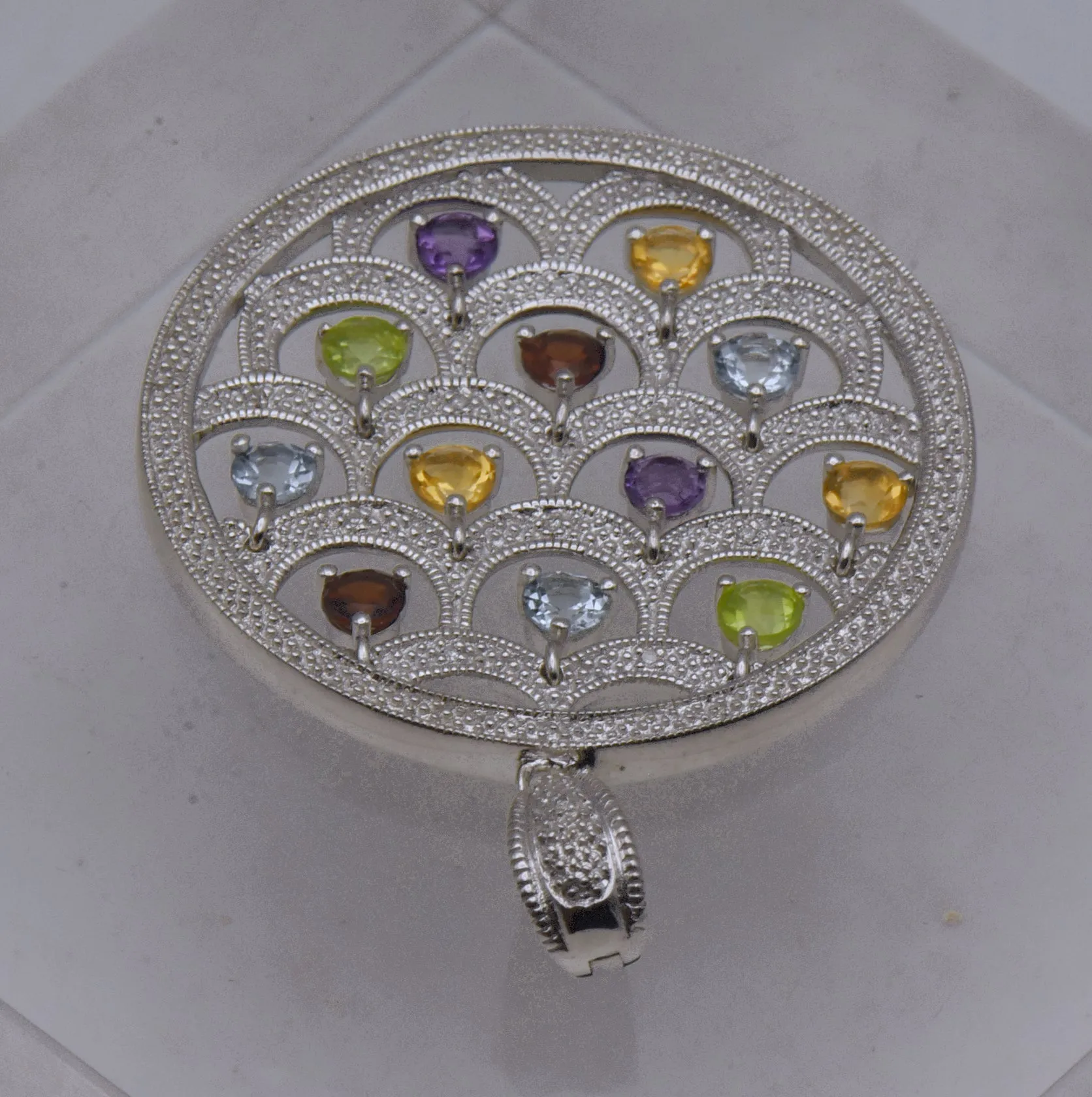 Stunning Colored Gemstones and Diamonds Chandelier Pendant on Multi-Strand Sterling Chain Necklace