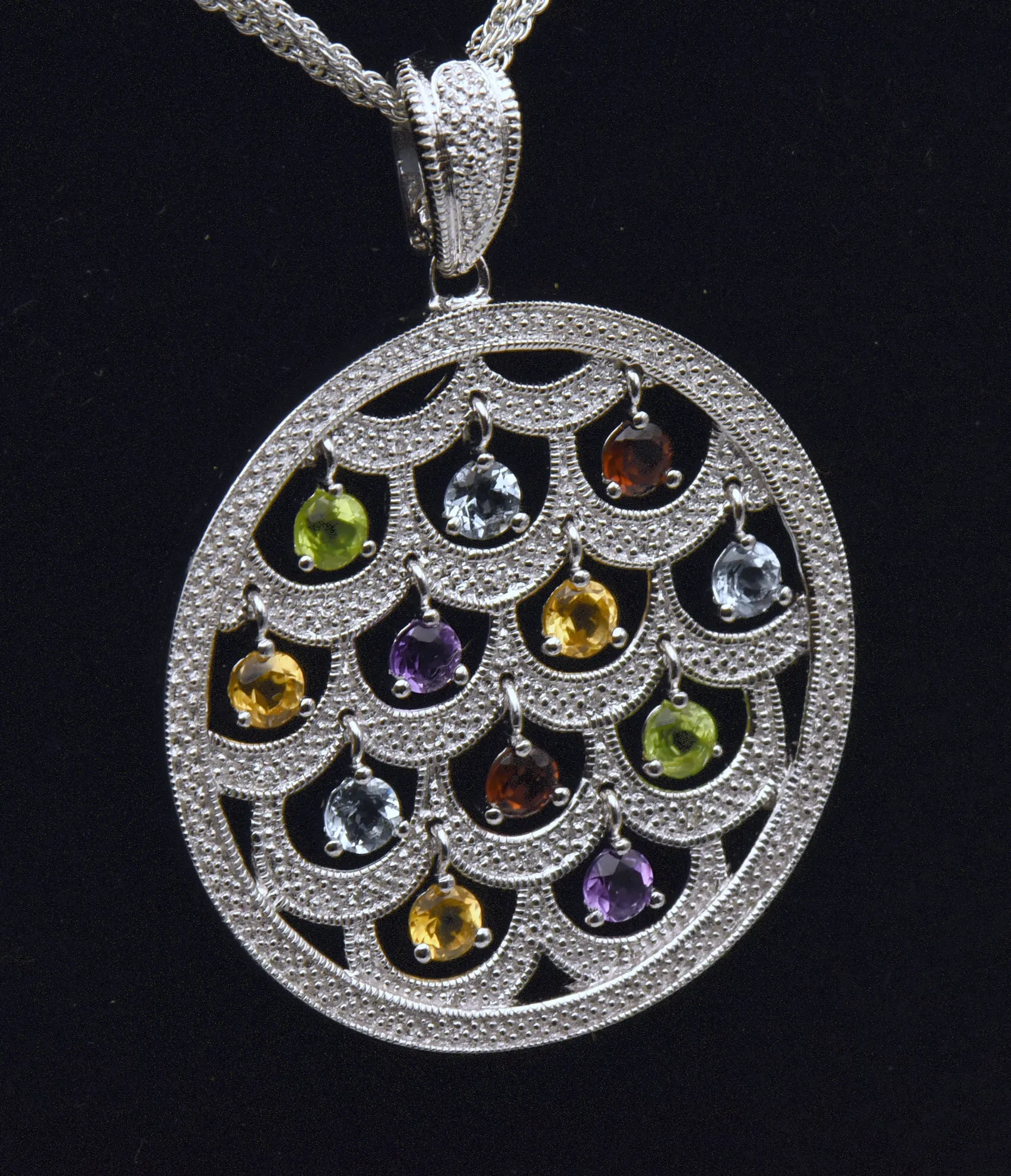 Stunning Colored Gemstones and Diamonds Chandelier Pendant on Multi-Strand Sterling Chain Necklace