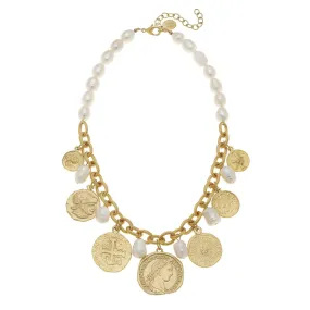 Susan Shaw Multi Coin & Freshwater Pearl Charm Necklace