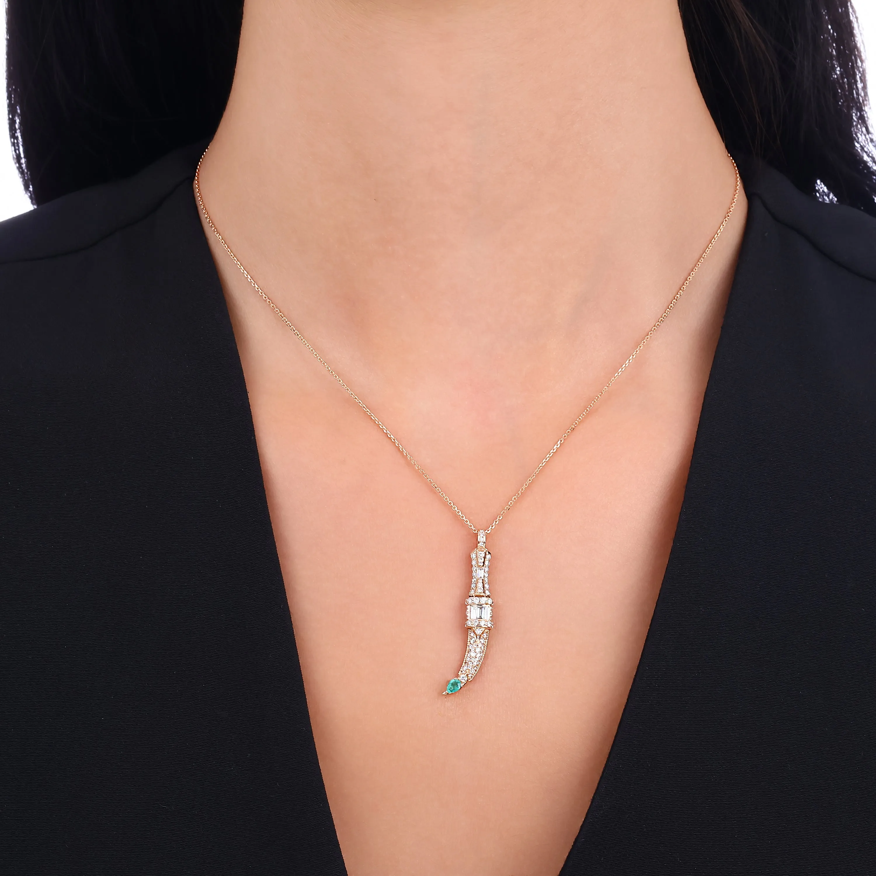 SWORD BAGUETTE DIAMOND EMERALD NECKLACE