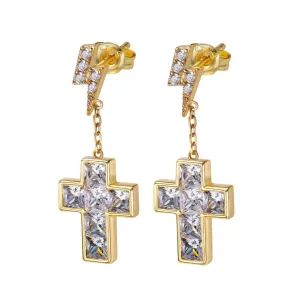 The Freshness® - 925 Sterling Silver Diamond Flash Lightning Stud Earrings with Diamond Cross in 14K Gold