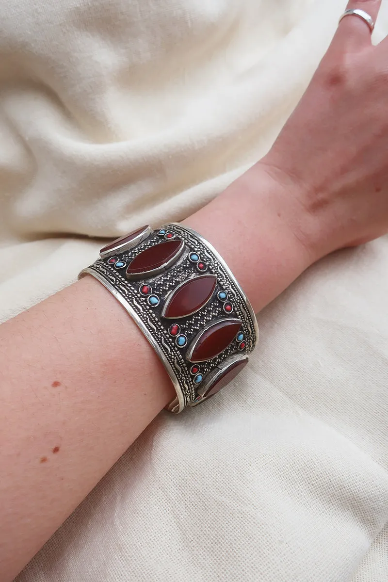 Turkish Silver Plated Brass Bangle with Carnelian Petals