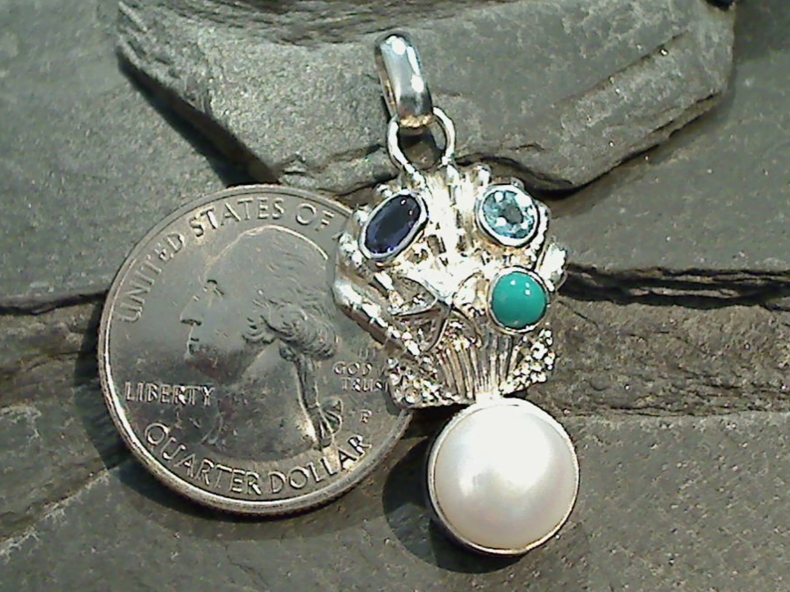 Turquoise, Blue Topaz, Iolite, Pearl, Sterling Silver Pendant