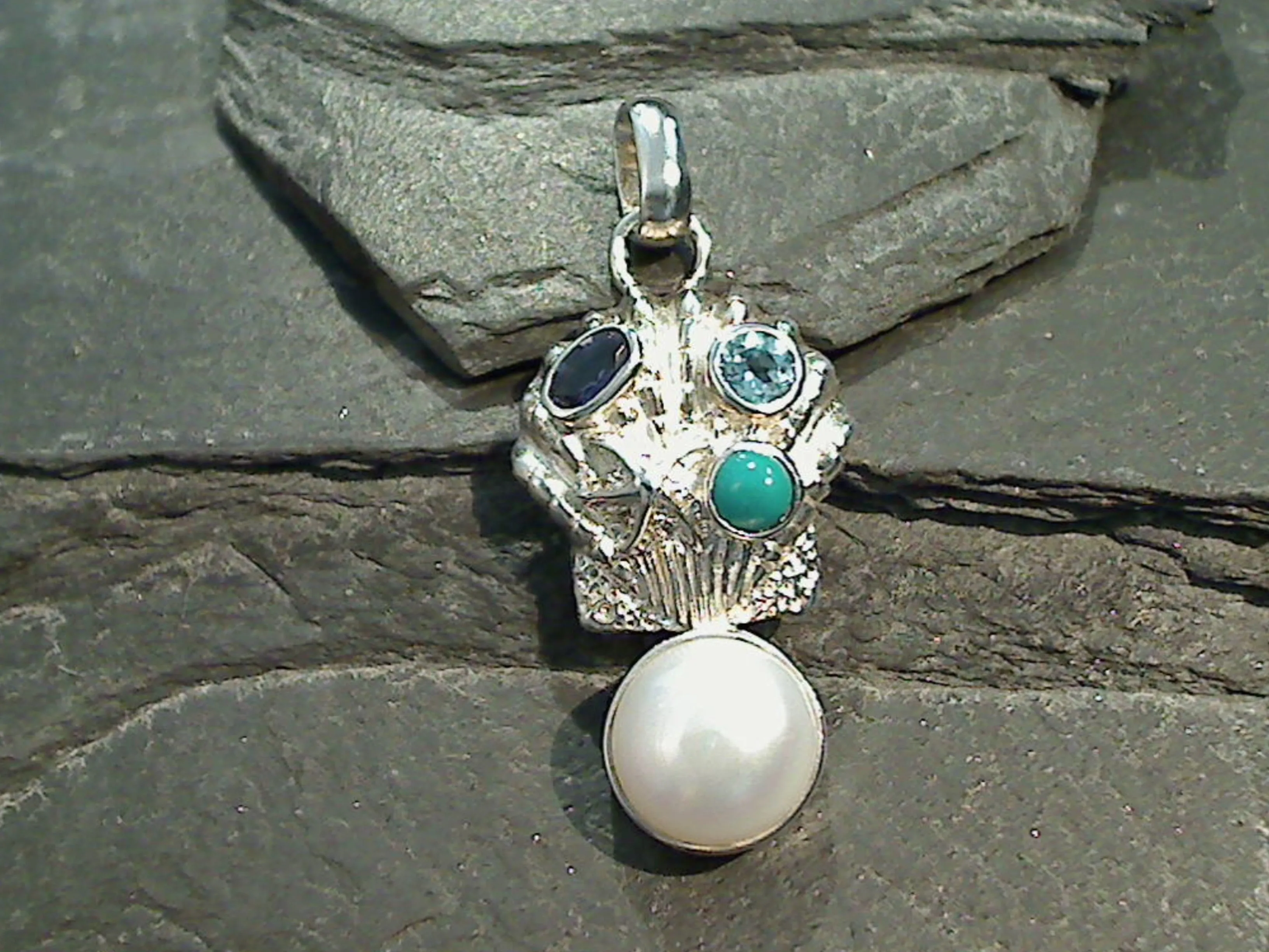 Turquoise, Blue Topaz, Iolite, Pearl, Sterling Silver Pendant