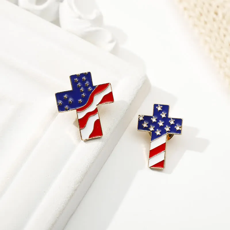 Unisex American Flag Patriotic Cross Brooch