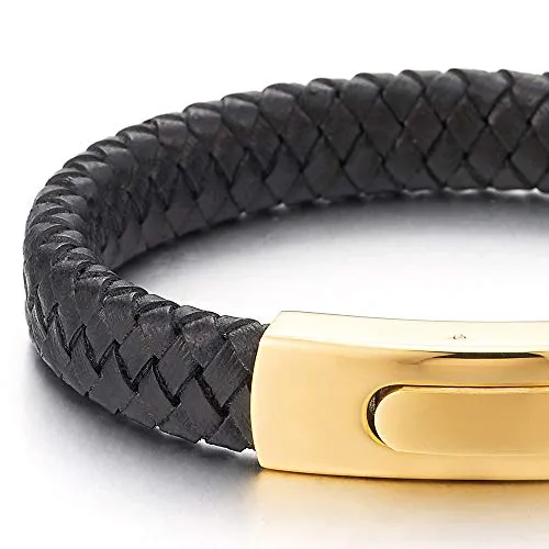 Unisex Men Womens Black Braided Leather Bracelet Bangle Wristband with Gold Color Steel Spring Clasp