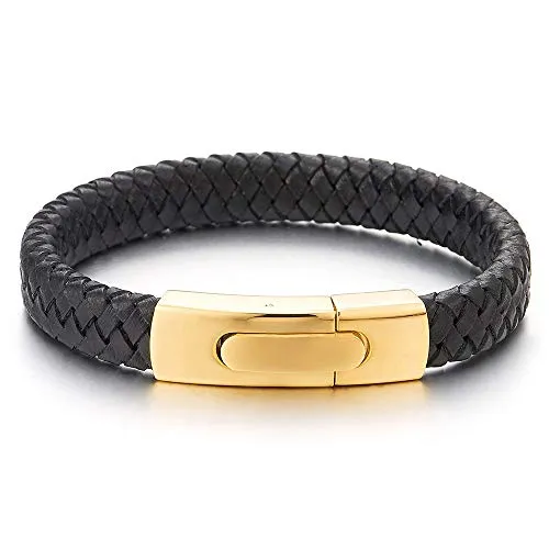 Unisex Men Womens Black Braided Leather Bracelet Bangle Wristband with Gold Color Steel Spring Clasp