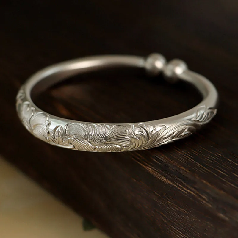 Vintage Chinese Style Hand-Carved Flower Pure Solid Silver Bangle Bracelet for Women