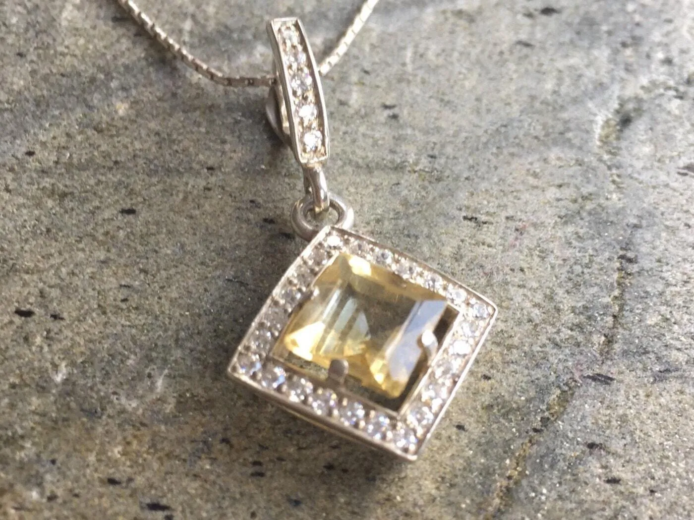 Vintage Citrine Necklace - Genuine Citrine Necklace - Princess Cut Yellow Pendant