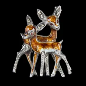 Vintage Fawn Brooch Silver Marcasite