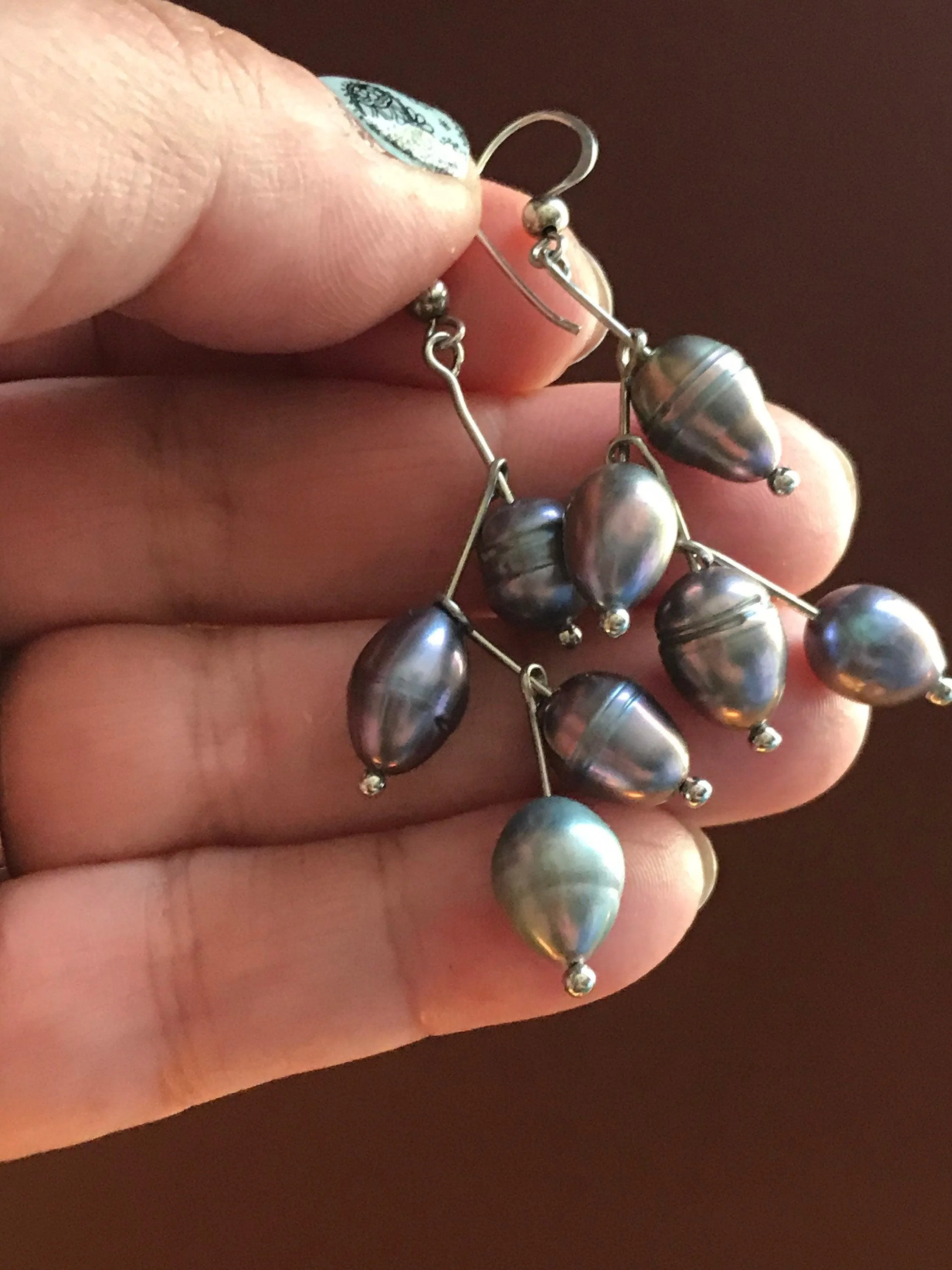 Vintage Freshwater Pearl Drop Branch Earrings 4 Pearls