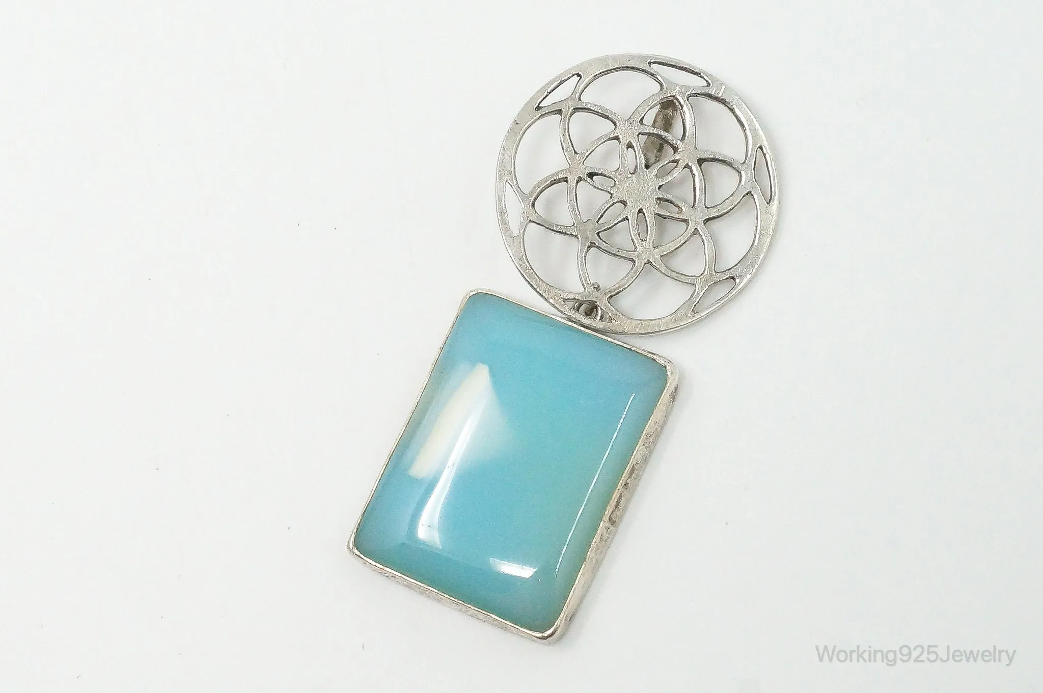 Vintage Large Blue Chalcedony Sterling Silver Necklace Pendant