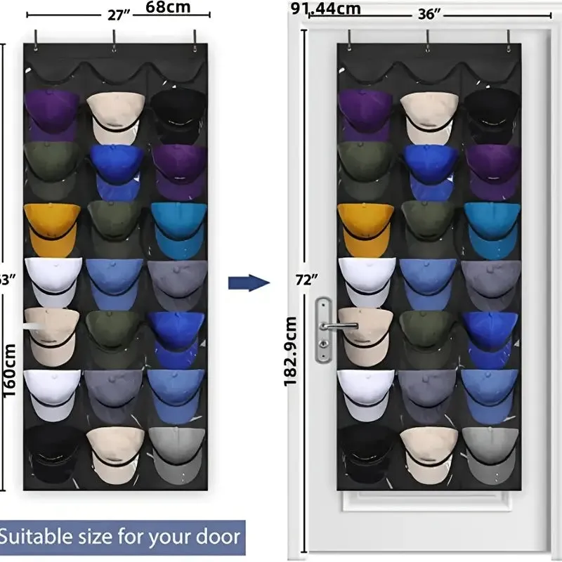 Visible Baseball Hat Rack for Wall Door with 3 Hooks 24 Deep Pockets