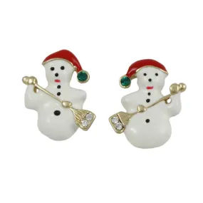 White Snowman with Broom Christmas Pierced Earring - XE103