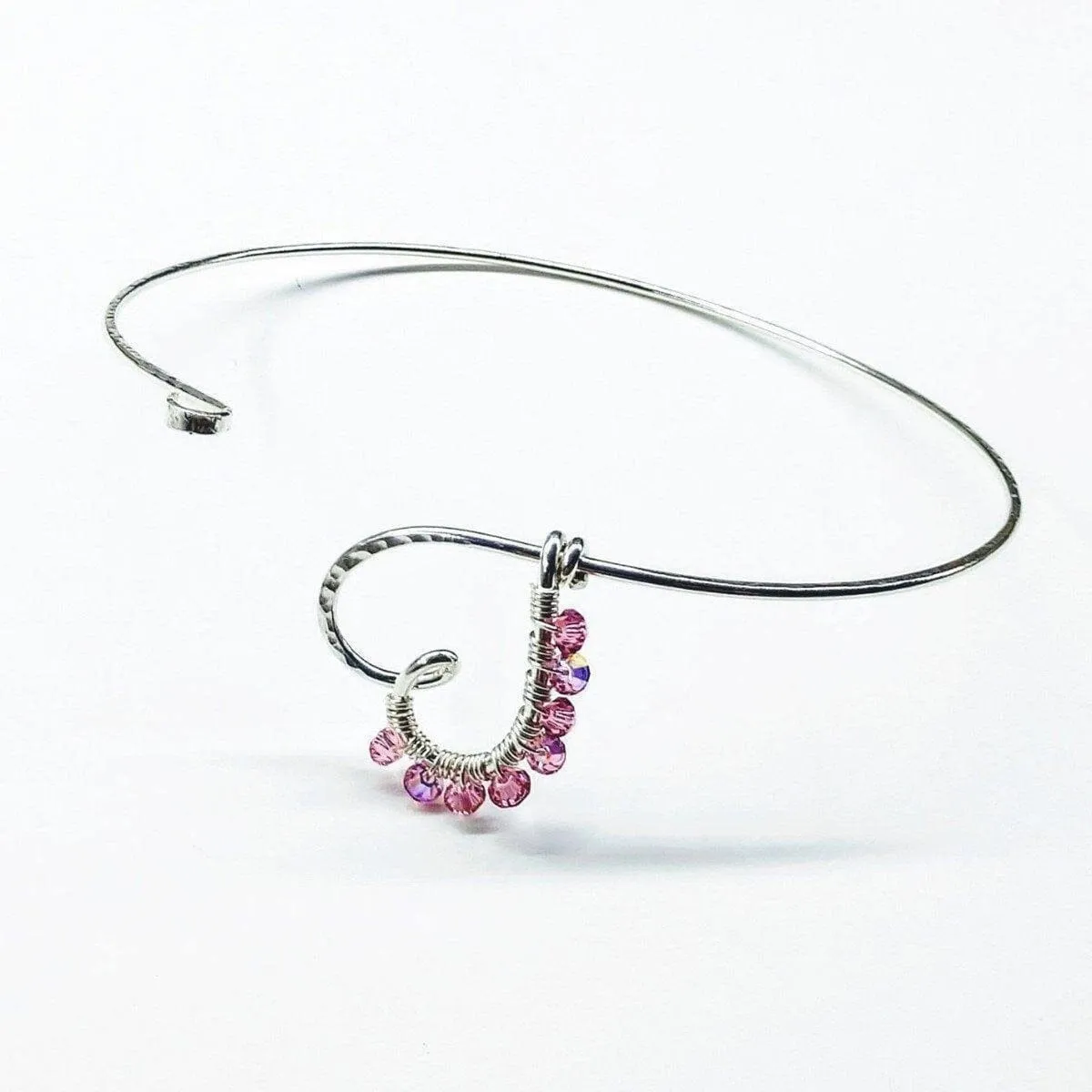 Wire Wrapped Pink Crystal Heart Bangle