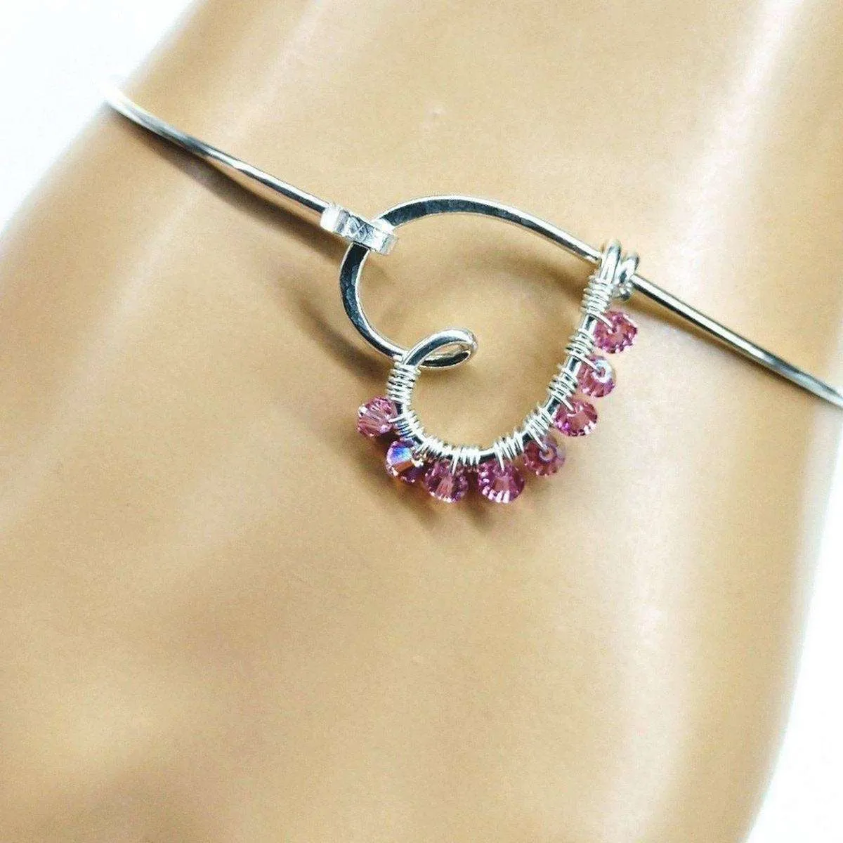 Wire Wrapped Pink Crystal Heart Bangle