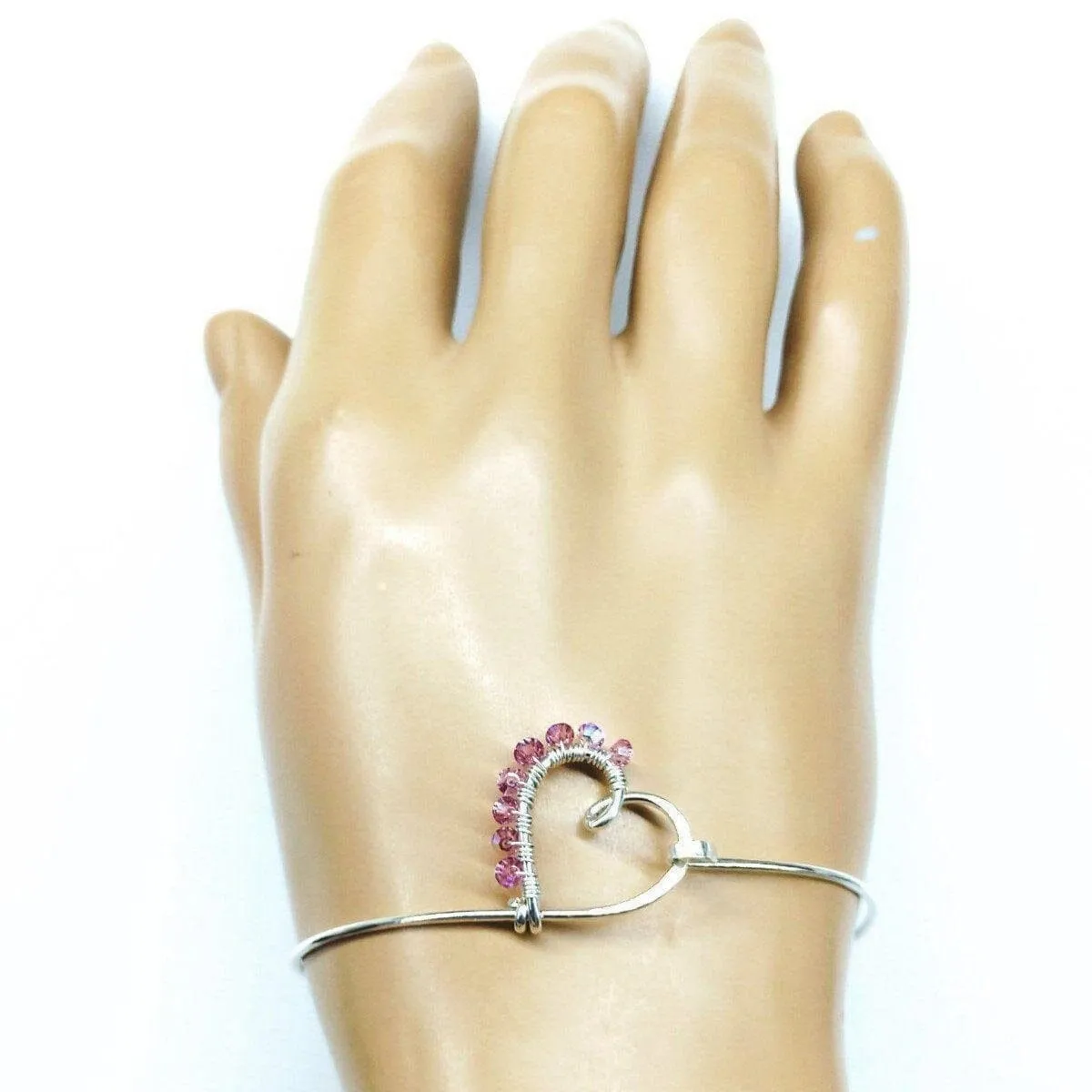 Wire Wrapped Pink Crystal Heart Bangle