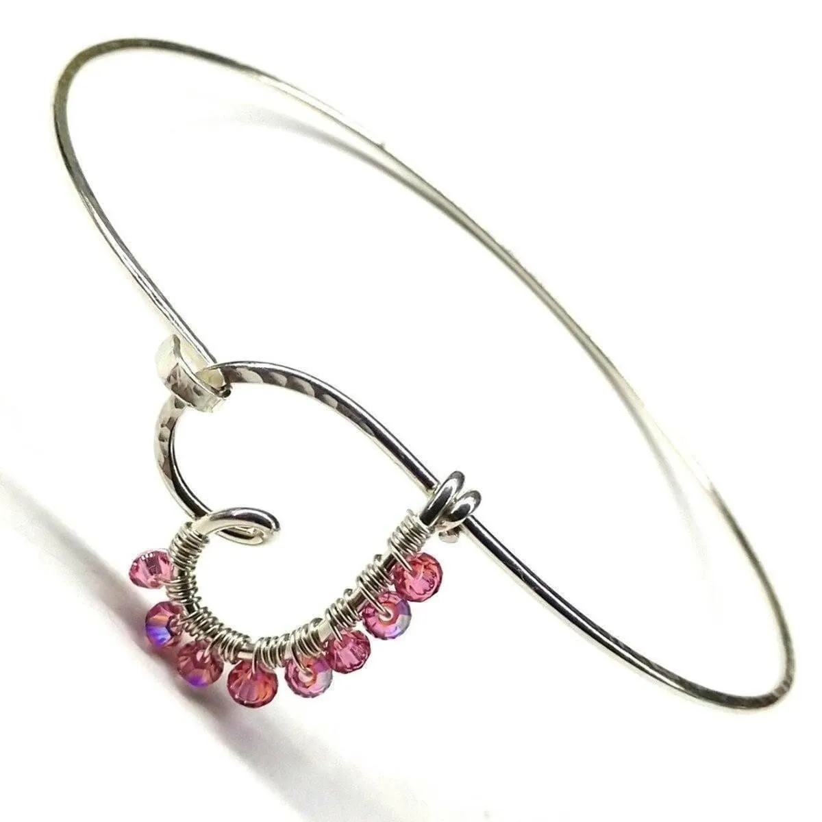 Wire Wrapped Pink Crystal Heart Bangle