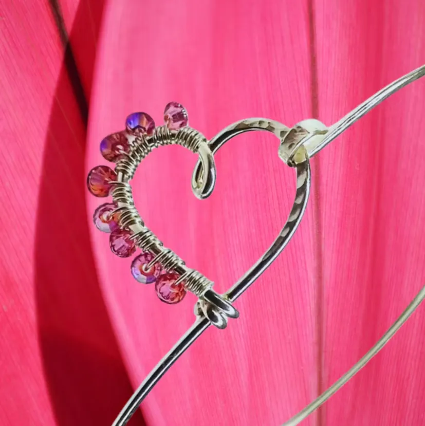 Wire Wrapped Pink Crystal Heart Bangle