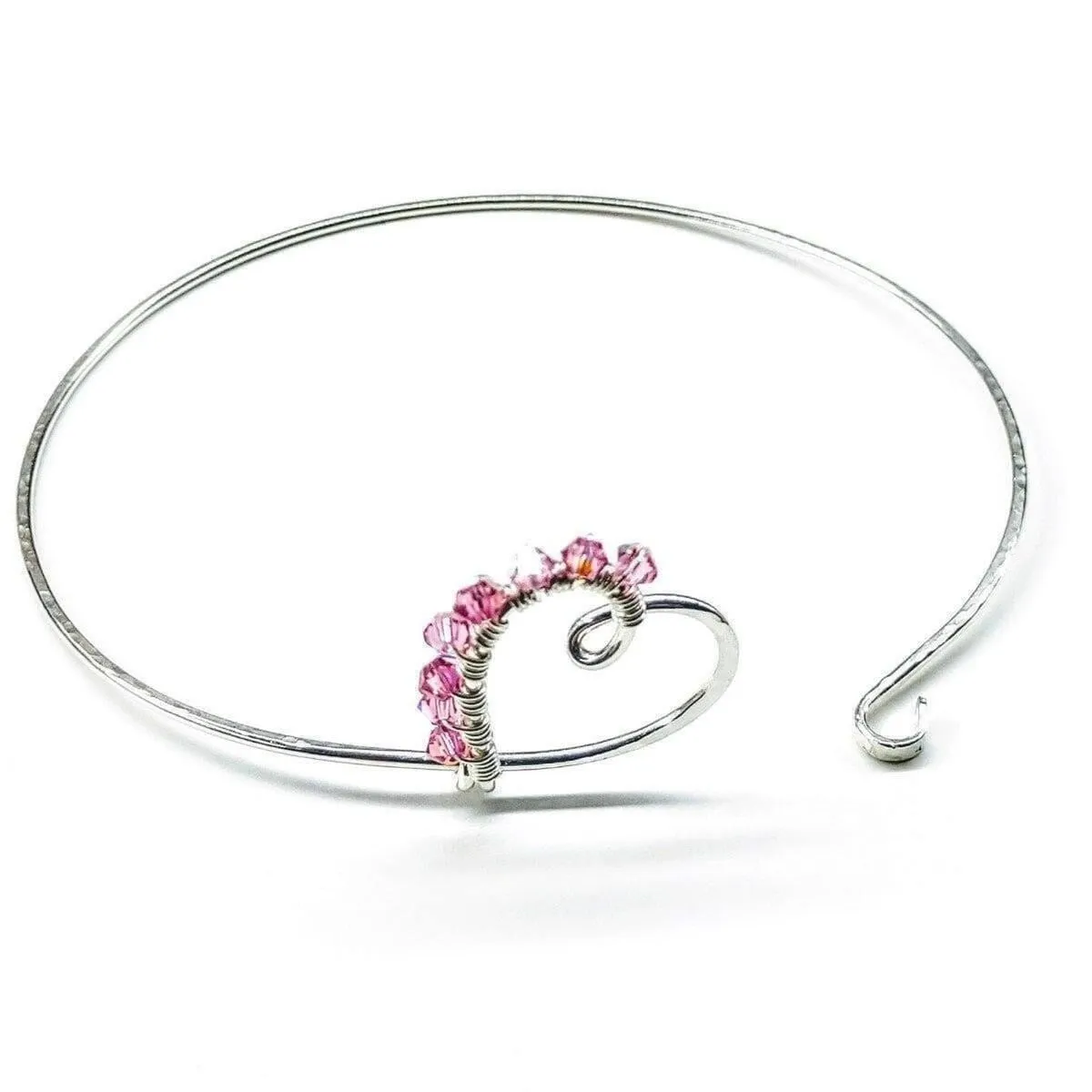 Wire Wrapped Pink Crystal Heart Bangle