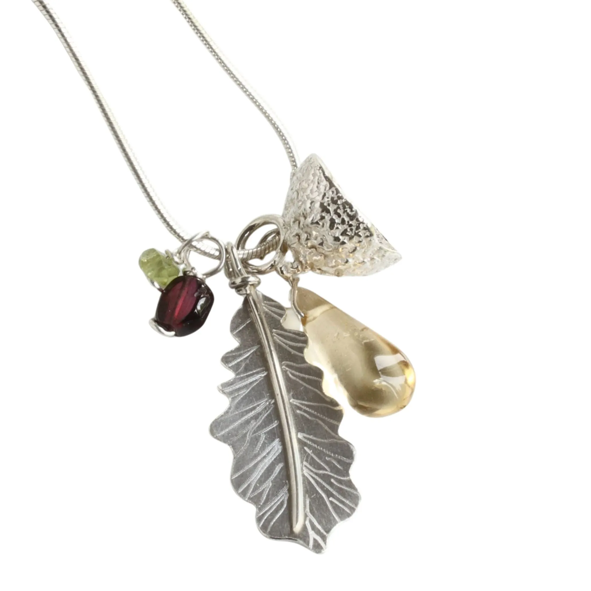 Woodland Oak Leaf and Acorn Cup Cluster Necklace-Garnet-Peridot-Citrine-Handmade Nature Jewellery