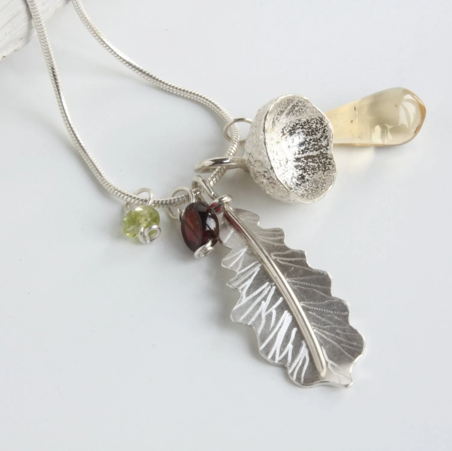 Woodland Oak Leaf and Acorn Cup Cluster Necklace-Garnet-Peridot-Citrine-Handmade Nature Jewellery